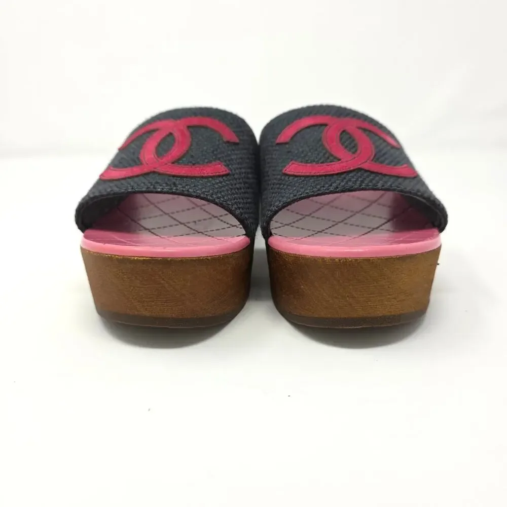 Chanel CC Logo Platform Slides Day Sandals Pink Navy Blue Slip On IT 39 US 8.5